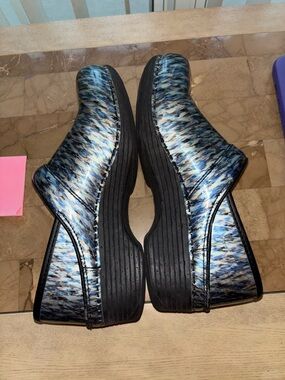 Dansko Blue Multi Patterned Clogs with Black Platform Sole